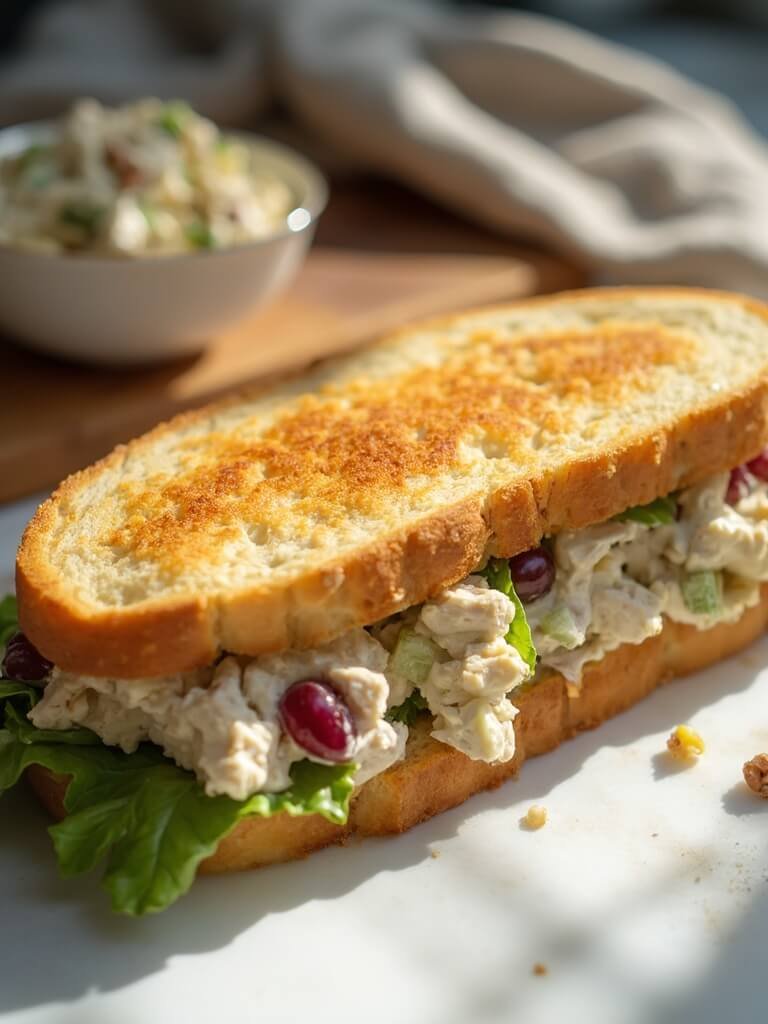 "Toasted chicken salad sandwich with grapes, celery, pecans on a clean white marble background"