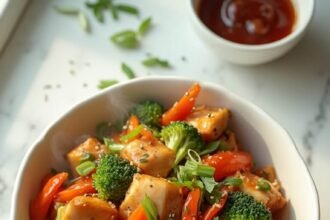 "Overhead view of a vibrant chicken and vegetable stir fry featuring broccoli, carrots, bell peppers in a white ceramic bowl with wooden chopsticks, on a clean white marble surface."