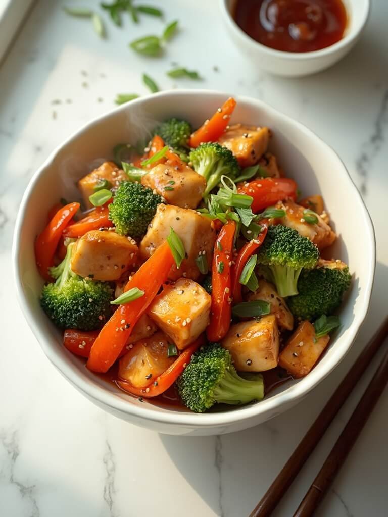 "Overhead view of a vibrant chicken and vegetable stir fry featuring broccoli, carrots, bell peppers in a white ceramic bowl with wooden chopsticks, on a clean white marble surface."