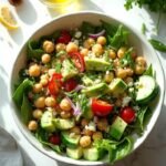 "Overhead view of a chickpea and avocado salad with feta, arugula, tomatoes, cucumber in a white bowl on a marble countertop, accompanied by olive oil dressing and a halved lemon."