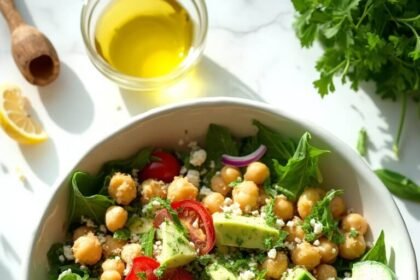 "Overhead view of a chickpea and avocado salad with feta, arugula, tomatoes, cucumber in a white bowl on a marble countertop, accompanied by olive oil dressing and a halved lemon."