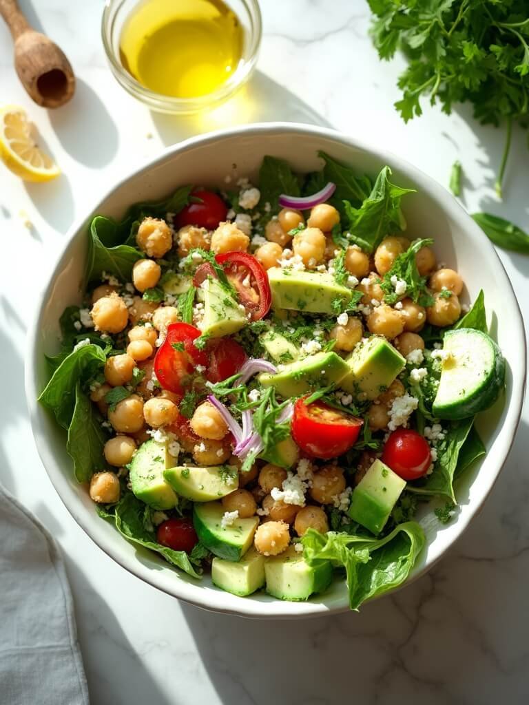 "Overhead view of a chickpea and avocado salad with feta, arugula, tomatoes, cucumber in a white bowl on a marble countertop, accompanied by olive oil dressing and a halved lemon."