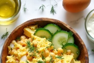 "Overhead shot of chunky chickpea and egg salad in a rustic bowl, surrounded by ingredients, on a clean white background."