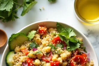 "High protein chickpea and quinoa salad with fresh vegetables and lemon dressing in a white ceramic bowl on a marble countertop"