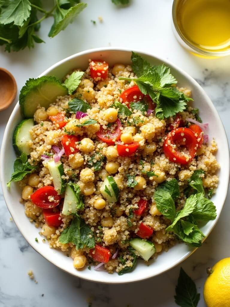 "High protein chickpea and quinoa salad with fresh vegetables and lemon dressing in a white ceramic bowl on a marble countertop"
