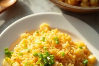 "Classic egg fried rice with fluffy scrambled eggs and green onion garnish on a clean white background"