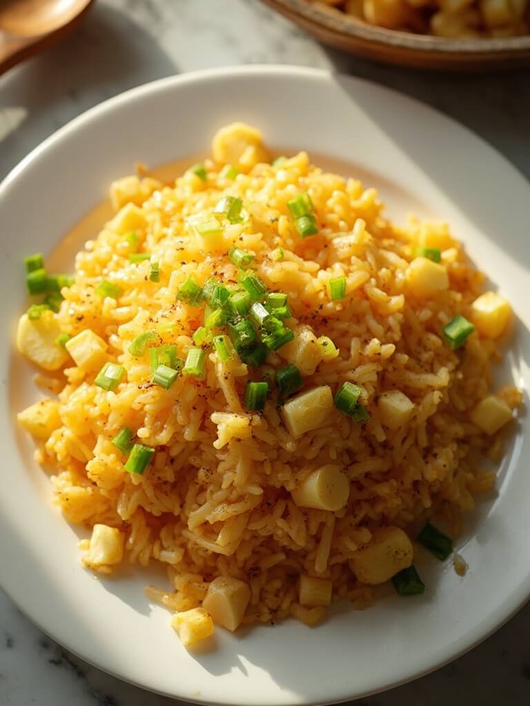 "Classic egg fried rice with fluffy scrambled eggs and green onion garnish on a clean white background"