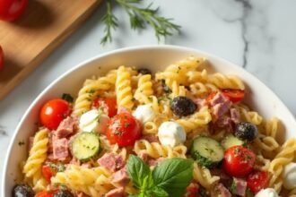 "Overhead view of classic pasta salad with rotini, cherry tomatoes, mozzarella, salami, and fresh basil in a white dish on a marble countertop"