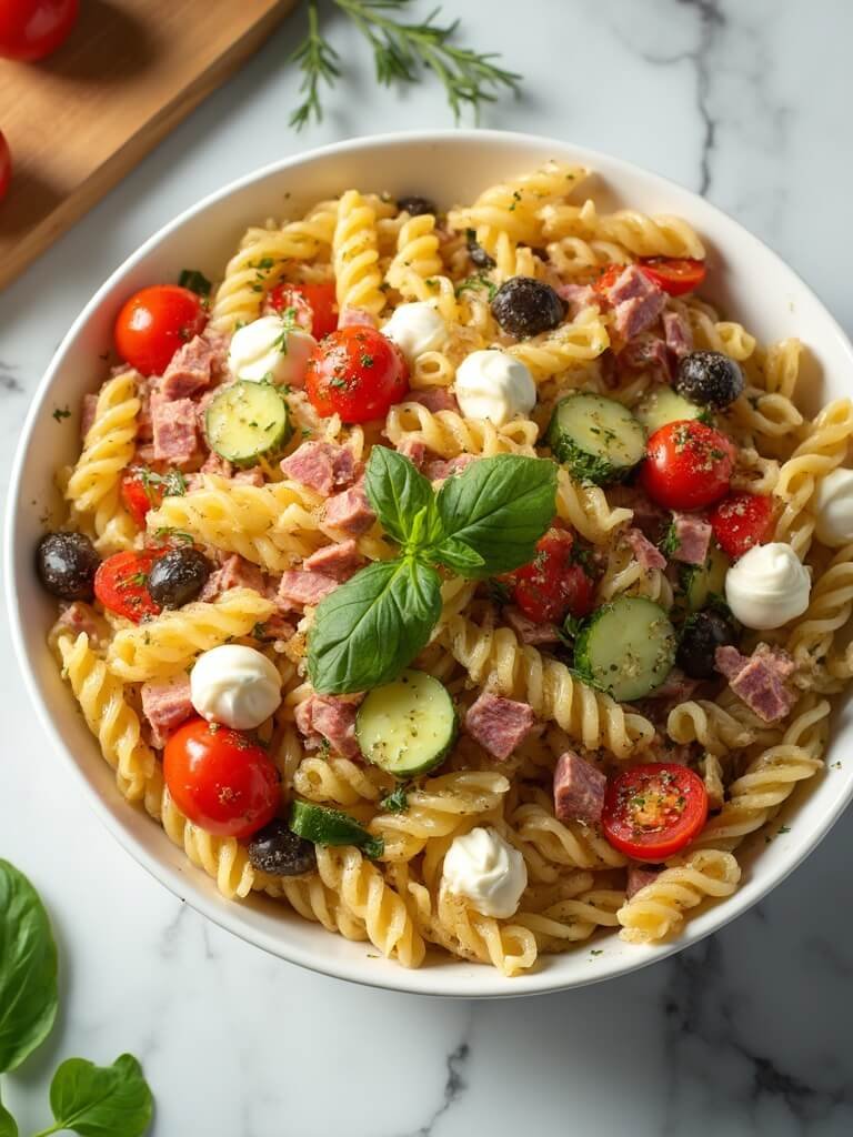 "Overhead view of classic pasta salad with rotini, cherry tomatoes, mozzarella, salami, and fresh basil in a white dish on a marble countertop"