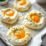 "Four golden cloud eggs topped with cheddar and chives on a white parchment-lined baking sheet"