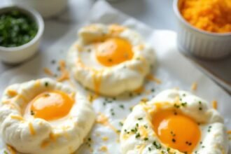 "Four golden cloud eggs topped with cheddar and chives on a white parchment-lined baking sheet"