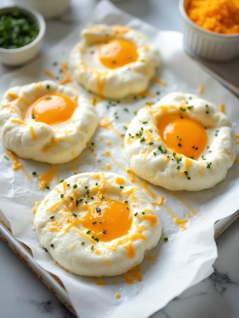 "Four golden cloud eggs topped with cheddar and chives on a white parchment-lined baking sheet"