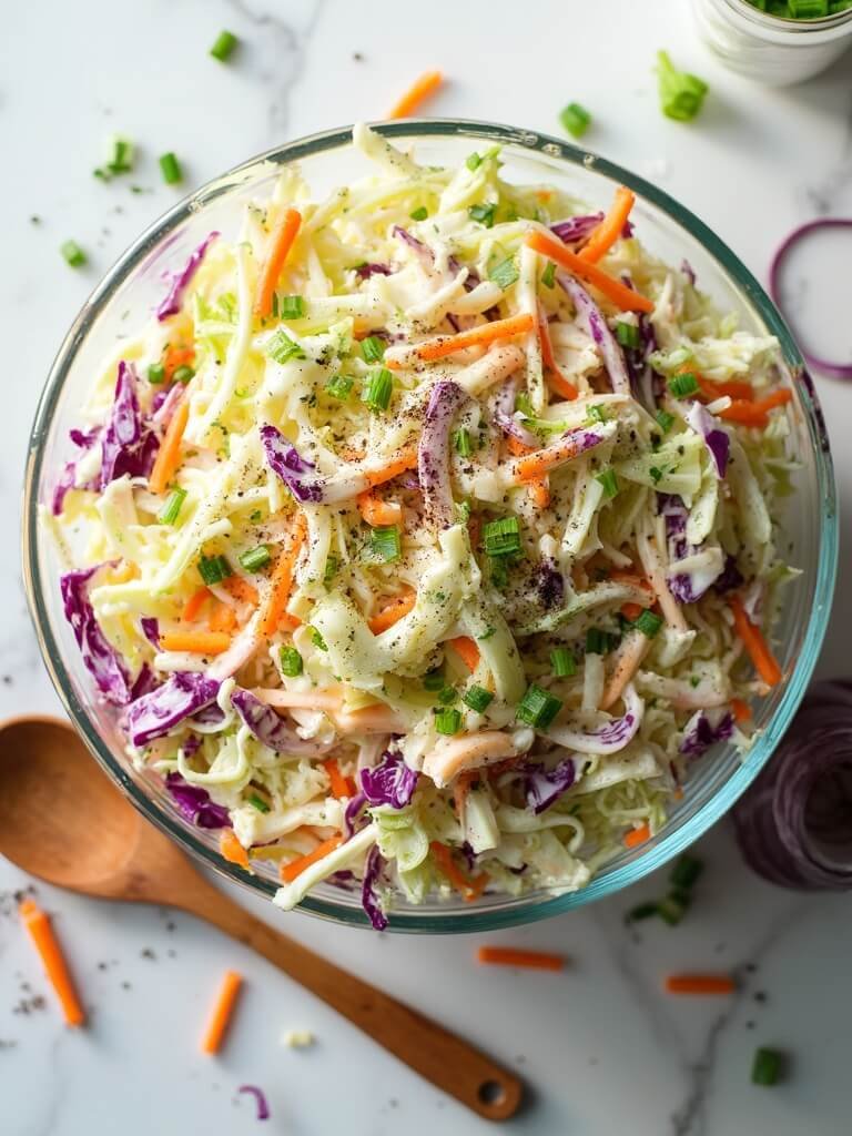 "Overhead shot of creamy coleslaw with shredded cabbage and carrots in a glass bowl on a marble countertop, garnished with green onions and black pepper."