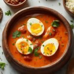 "Bowl of creamy egg curry with hard-boiled eggs in rich tomato-onion gravy, garnished with cilantro and garam masala, surrounded by whole spices and ingredients, with a wooden spoon and scattered basmati rice on a white marble surface."