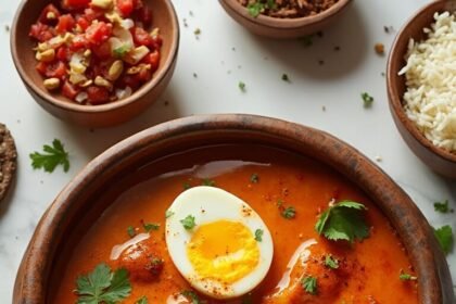 "Bowl of creamy egg curry with hard-boiled eggs in rich tomato-onion gravy, garnished with cilantro and garam masala, surrounded by whole spices and ingredients, with a wooden spoon and scattered basmati rice on a white marble surface."