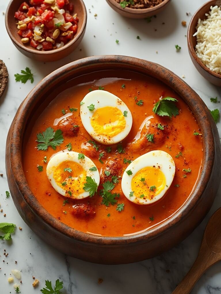 "Bowl of creamy egg curry with hard-boiled eggs in rich tomato-onion gravy, garnished with cilantro and garam masala, surrounded by whole spices and ingredients, with a wooden spoon and scattered basmati rice on a white marble surface."