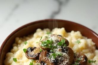 "Creamy mushroom risotto with Arborio rice, mixed mushrooms, and Parmesan in a rustic bowl on a clean marble background"