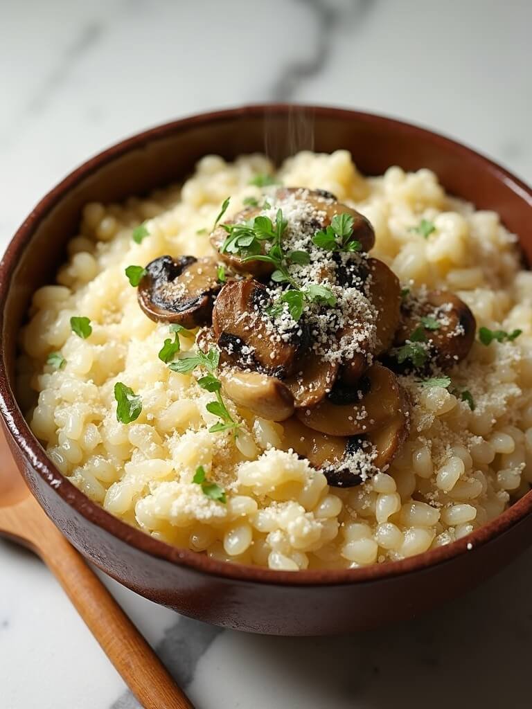 "Creamy mushroom risotto with Arborio rice, mixed mushrooms, and Parmesan in a rustic bowl on a clean marble background"