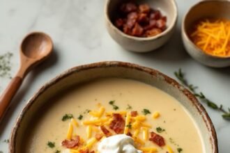 "Creamy potato soup with bacon and cheese garnish in a rustic bowl on a marble countertop, served with crusty bread and garnishing ingredients in side bowls"