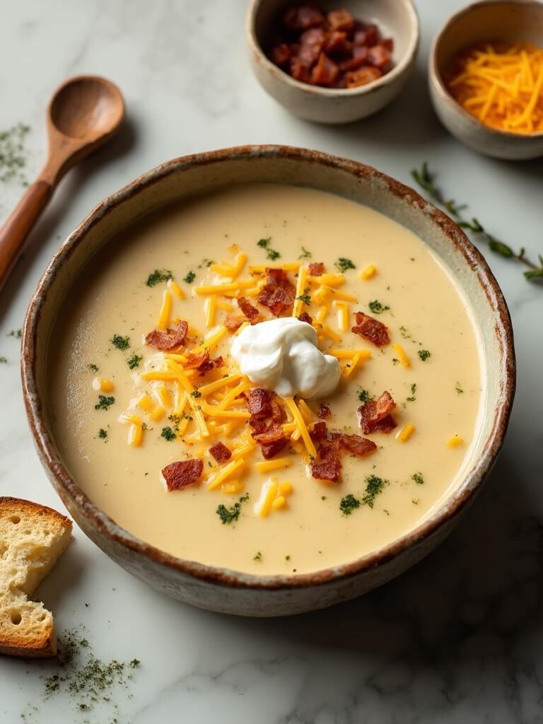 "Creamy potato soup with bacon and cheese garnish in a rustic bowl on a marble countertop, served with crusty bread and garnishing ingredients in side bowls"