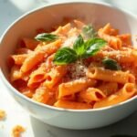 "Bowl of creamy tomato penne pasta with parmesan and fresh basil on a clean white marble countertop"