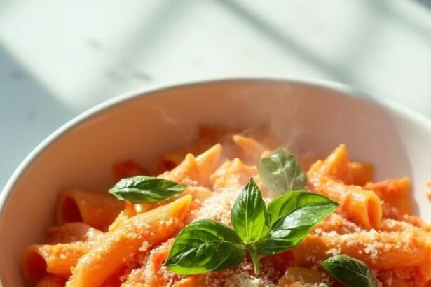 "Bowl of creamy tomato penne pasta with parmesan and fresh basil on a clean white marble countertop"