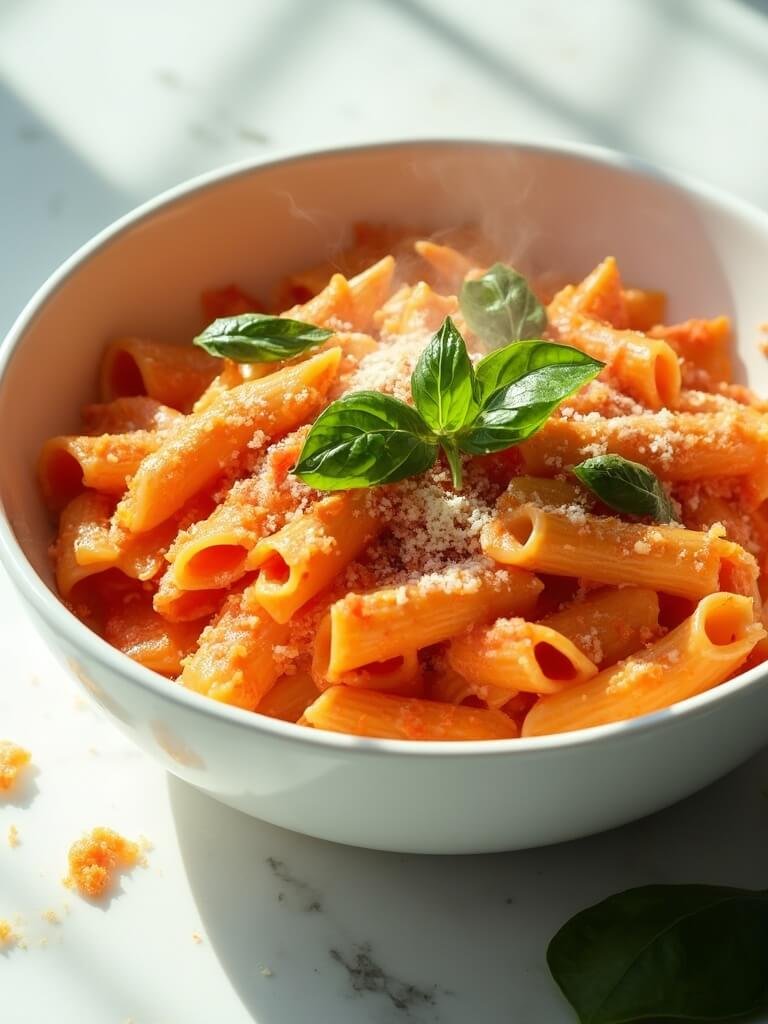 "Bowl of creamy tomato penne pasta with parmesan and fresh basil on a clean white marble countertop"