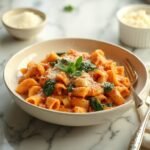 "Creamy tomato spinach penne pasta topped with grated Parmesan in a white bowl on a clean marble background"