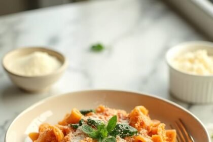 "Creamy tomato spinach penne pasta topped with grated Parmesan in a white bowl on a clean marble background"