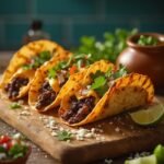 "Crispy black bean tacos with fresh salsa and melted cheese on a rustic wooden board in warm golden lighting"