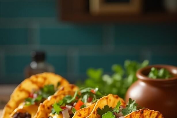 "Crispy black bean tacos with fresh salsa and melted cheese on a rustic wooden board in warm golden lighting"