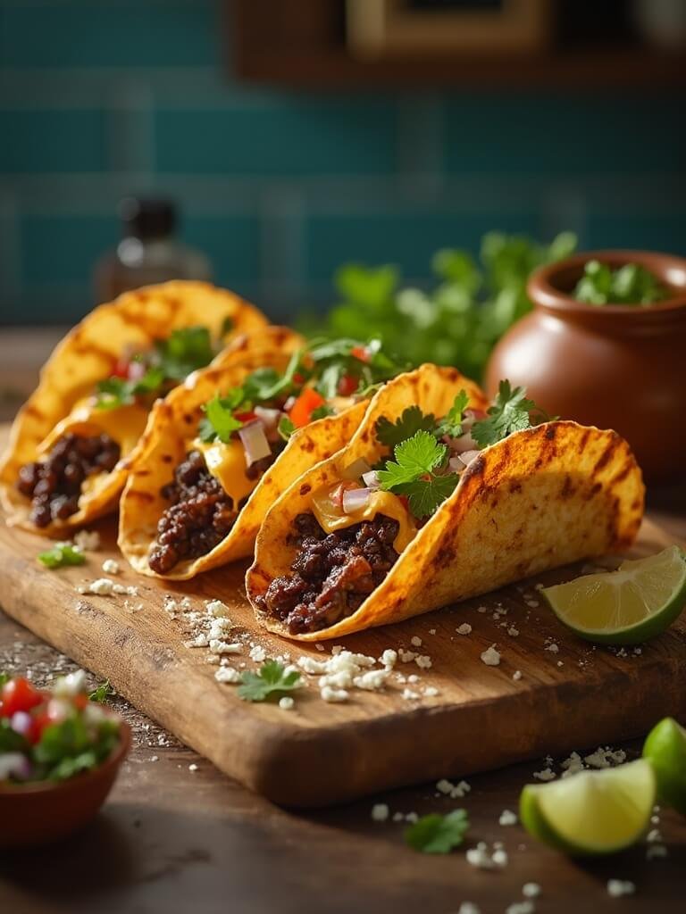 "Crispy black bean tacos with fresh salsa and melted cheese on a rustic wooden board in warm golden lighting"