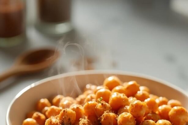 "Crispy golden-brown roasted chickpeas in a white ceramic bowl, dusted with spices on a clean marble countertop, with out-of-focus spice jars and wooden spoon in the background."