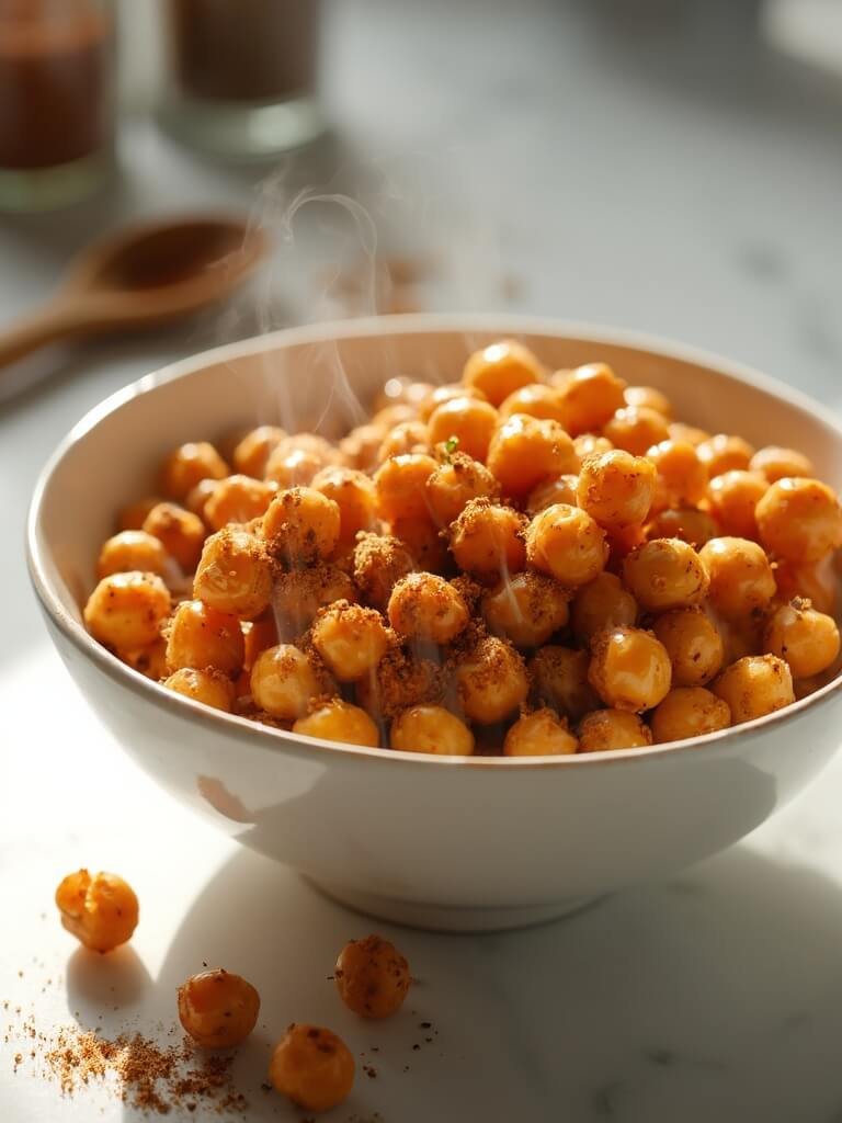 "Crispy golden-brown roasted chickpeas in a white ceramic bowl, dusted with spices on a clean marble countertop, with out-of-focus spice jars and wooden spoon in the background."