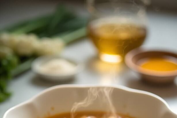 "Bowl of golden egg drop soup with silky ribbons, garnished with green onions and sesame oil on a clean marble countertop, with key ingredients in the background"
