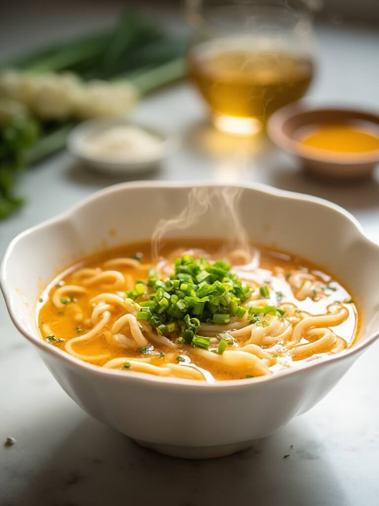 "Bowl of golden egg drop soup with silky ribbons, garnished with green onions and sesame oil on a clean marble countertop, with key ingredients in the background"