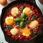 "Overhead shot of eggs in purgatory with spinach and Parmesan in cast iron skillet on marble surface"