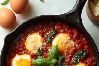 "Overhead shot of eggs in purgatory with spinach and Parmesan in cast iron skillet on marble surface"