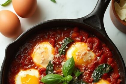 "Overhead shot of eggs in purgatory with spinach and Parmesan in cast iron skillet on marble surface"