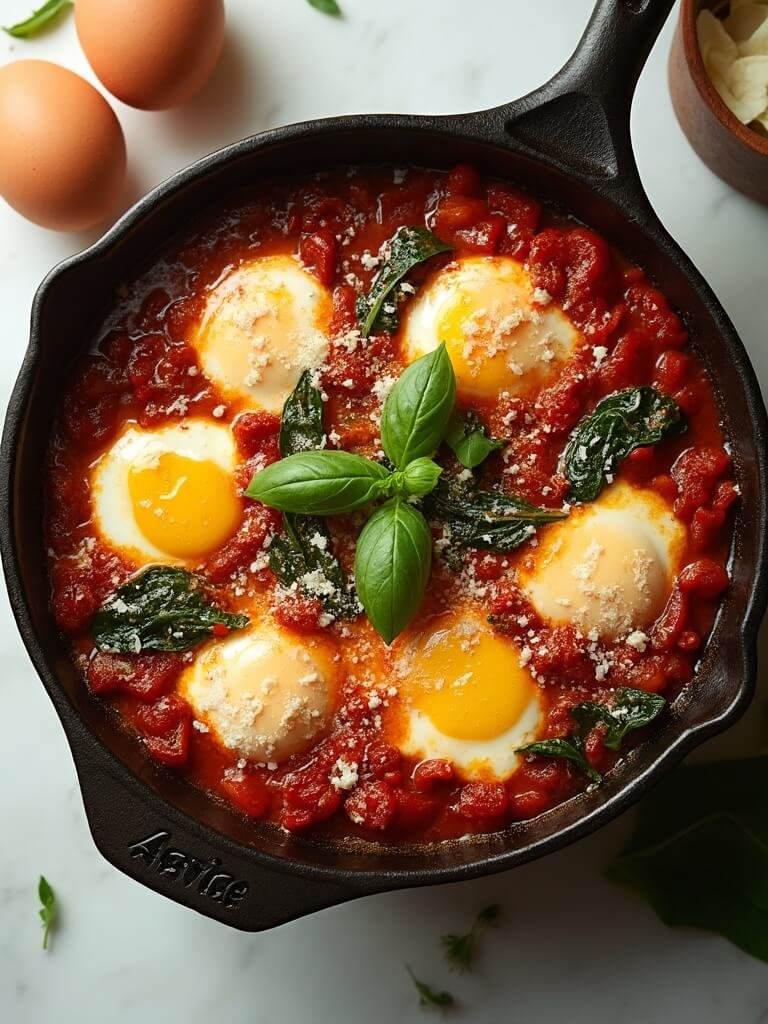"Overhead shot of eggs in purgatory with spinach and Parmesan in cast iron skillet on marble surface"