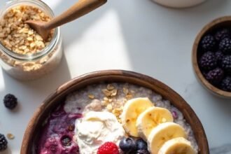 "Overhead view of hot oatmeal with mixed berries, banana slices and Greek yogurt in a rustic bowl on a clean marble surface, surrounded by ingredients like rolled oats and cinnamon."