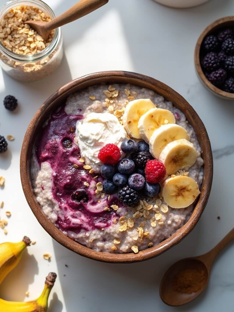 "Overhead view of hot oatmeal with mixed berries, banana slices and Greek yogurt in a rustic bowl on a clean marble surface, surrounded by ingredients like rolled oats and cinnamon."