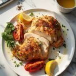 "Overhead view of perfectly baked chicken breast with caramelized onions and roasted tomatoes on a clean white plate, garnished with parsley and served with fresh lemon wedges, in a well-lit modern kitchen setting."