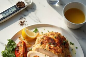 "Overhead view of perfectly baked chicken breast with caramelized onions and roasted tomatoes on a clean white plate, garnished with parsley and served with fresh lemon wedges, in a well-lit modern kitchen setting."