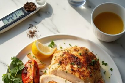 "Overhead view of perfectly baked chicken breast with caramelized onions and roasted tomatoes on a clean white plate, garnished with parsley and served with fresh lemon wedges, in a well-lit modern kitchen setting."