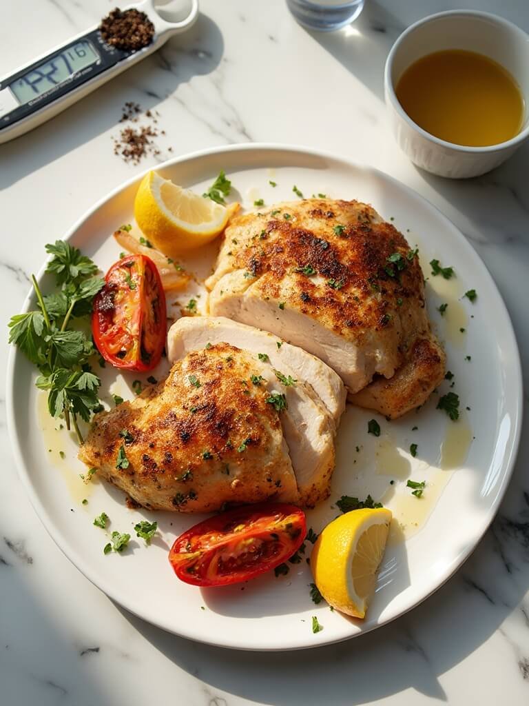 "Overhead view of perfectly baked chicken breast with caramelized onions and roasted tomatoes on a clean white plate, garnished with parsley and served with fresh lemon wedges, in a well-lit modern kitchen setting."