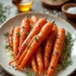 "Golden caramelized roasted carrots with thyme and rosemary on a white ceramic platter, set on a rustic wooden board with sea salt and honey, in a cozy kitchen setting"