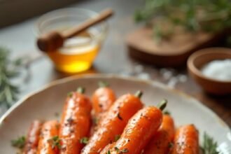 "Golden caramelized roasted carrots with thyme and rosemary on a white ceramic platter, set on a rustic wooden board with sea salt and honey, in a cozy kitchen setting"