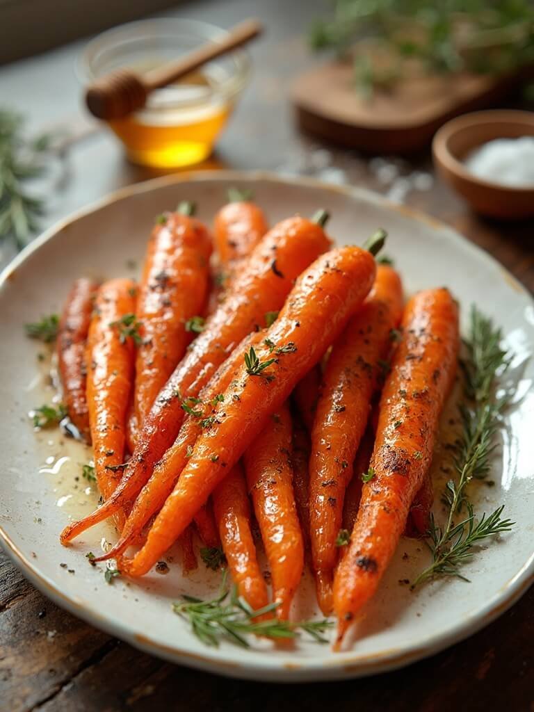 "Golden caramelized roasted carrots with thyme and rosemary on a white ceramic platter, set on a rustic wooden board with sea salt and honey, in a cozy kitchen setting"