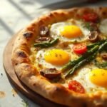 "Golden-baked egg pizza with sautéed mushrooms, asparagus, cherry tomatoes, mozzarella cheese on a toasted naan base, garnished with fresh oregano and black pepper on a white marble background with a rustic cutting board and knife."